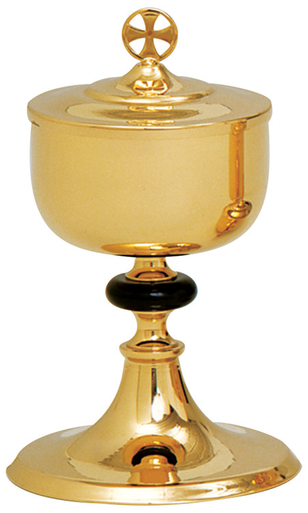 Gold plated with cast base, antique gold finish. 8 3/4" height, 4-1/2" diameter cup, 5 1/2" base. 400 host capacity (Based on 1 1/8" Host) Complements Chalice 206

 