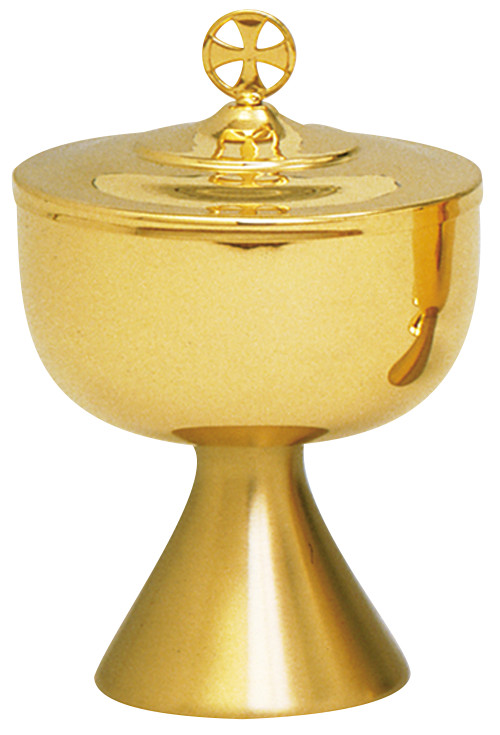 K596 Ciborium is Gold plated. Dimensions:  7 3/4" height, 5" diameter cup. 500 host capacity (Based on 1 1/8" Host).  Complements Chalice 59