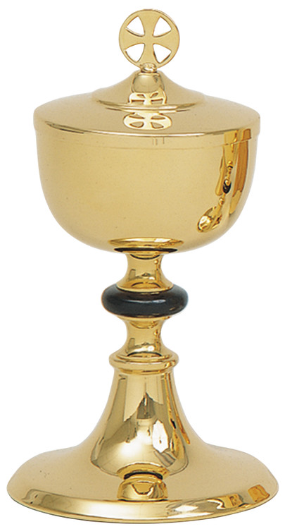 Gold plated, 4 3/4" Base. 8 1/2" height, 3 3/4" diameter cup.  250 host capacity (Based on 1 1/8" Host). Complements Chalice 106