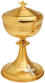 Gold plated with silver plated cross on 5 1/2 " Base.
9" height, 4 3/4" diameter cup.
200 host capacity (Based on 1 1/8" Host)
Complements Chalice 717