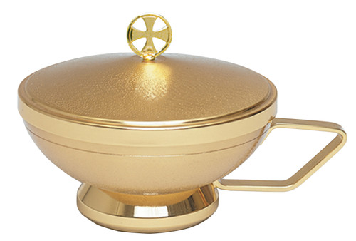 Ciborium is 24K gold plated with handle. Dimensions are 5"H x  5.5"D.  Host capacity is  250 (Based on 1 1/8" Host)