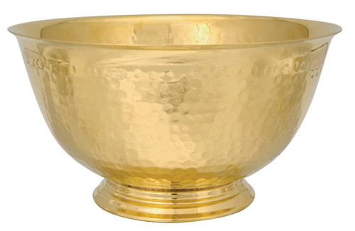 Brass Bowl has a hammered finish. Dimensions are 8"D x  4"H. Bowl is available in 24k gold plate or silver plate