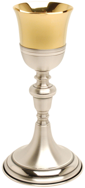 Gold and silver plated. 4 1/2" base, 9 1/4" height, 3" diameter cup, 4 ounce capacity