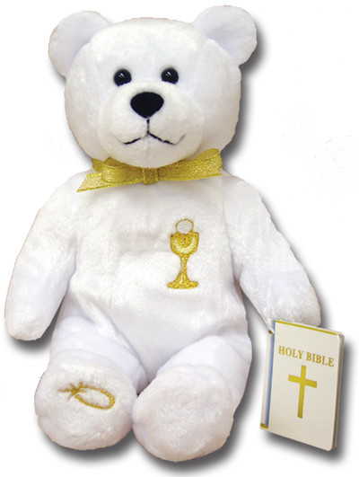 9" Tall Bear has an Embroidered Chalice on his Chest. Bear is also Holding a Bible. Similar to the Popular Beanie Babies