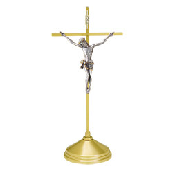 Solid Brass, Satin Finish Crucifix. Oxidized Silver Corpus. 15" Height. 5" Base. Complementary candlestick K525-CS