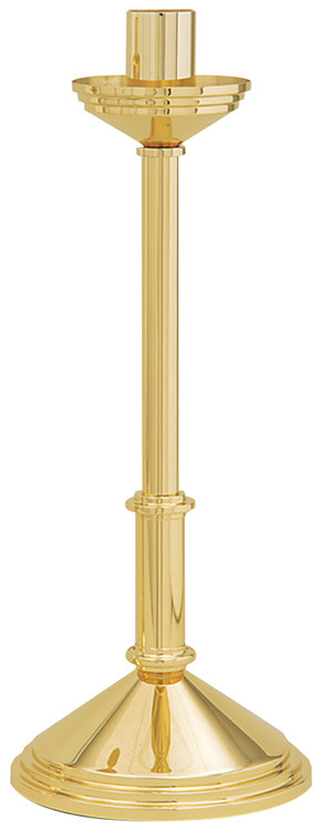 High Polish Brass. Low Profile. Dimensions: 28" Height, 12" Base, 2 1/2" Socket. 
