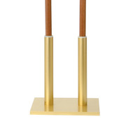 Double Torch or Candle Lighter Stand has a Steel Base and Tube with Nylon Insert. Satin Brasstone finish. 11" Height, 10" Square Base. Weight: 15 Pounds