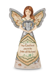 8" Angel holding Claddagh. Inscribed with: "May God hold you in the Palm of His Hand"
