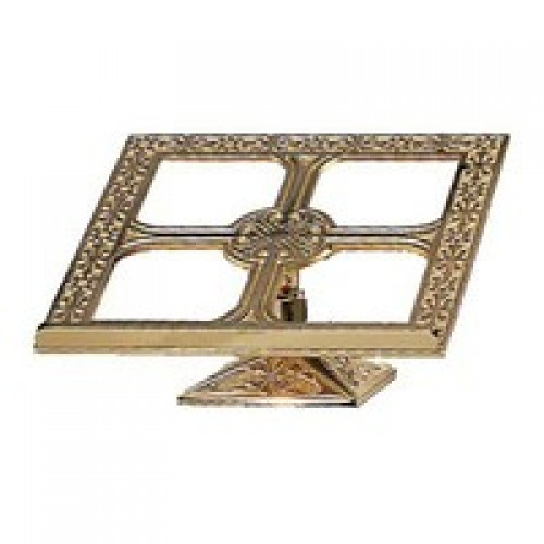 Missal Stand with Ornate Square Base. Measures 8" high to top of bookstop with 6" square base. Distinctive modern edge design ~ Oven baked for durability. Your choice of bronze or brass with satin or high polish finish. Please allow 6-8 weeks for delivery

 