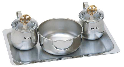 Cruet & Tray Set. 6 1/2" X 10" stainless steel tray . Cruets are stainless steel with a gold plated cross on clear cover, 5 oz. Capacity. 4 1/2" Bowl

 