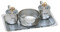 Cruet & Tray Set. 6 1/2" X 10" stainless steel tray . Cruets are stainless steel with a gold plated cross on clear cover, 5 oz. Capacity. 4 1/2" Bowl

 
