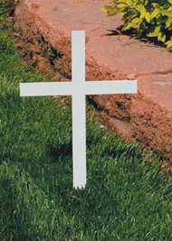 Memorial Cross without Plaque. Made of steel with a durable protective white powder coat finish. 12" Height overall, 8 1/4" Width, 3/16" Thick. Engraving Plaques - See Item KOL-ENG1. Mounted Plaques 1x3". All Bright Brass Blank Plaques $9.50 . With "In Memory of" and the deceased persons name engraved Flat Fee  $15.00. Engraving Plaques - See Item KOL-ENG1