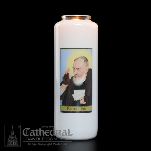 Padre Pio 6-Day Glass BottleLight Candle. Non-reusable.  Candles can be purchased individually or as a case (12 candles)