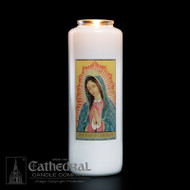 6-Day Our Lady of Guadalupe Bottle Light~ Full color images, produced on highly durable film. Available as well ~  5/6/7 Day Reusable Globes and 3 Day  reusable Inserta-Lite Globes. Candles can be purchased individually or as a case (12 candles)  Inserta lites sold separately for the globes