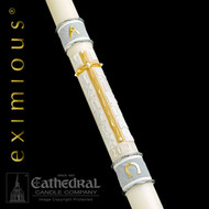 The "Way Of The Cross"™ is an imposing 51% beeswax paschal candle created with precise, skilled handwork that portrays the 14 stations of the cross in sculptured images of high relief. The brilliant cross with its faceted appearance of hand wrought gold is a striking contrast to the rough cut, grey stone-like bands trimmed with burnished hand wrought silver. Complimantary to both traditional and contemporary church decors! Due to the workmanship required to benchcraft each candle, please allow four weeks for the creation and delivery of your paschal candle