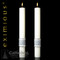 Two white altar candles with silver/grey wrap around the bottom.
