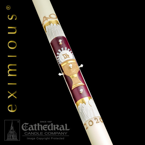 The 12 Apostles 51% beeswax paschal candle is a masterpiece of ecclesiastical design and skilled artistic craftsmanship. "The 12 Apostles,"™  is a dramatic expression of spiritual adoration, gloriously presented with rich gold, royal velvet, red and pure white hand-made wax symbols of the season; The Holy Eucharist, instituted by Jesus on the eve of His passion at the "Last Supper", the  12 Apostle witnesses and scribes to the passion, death, resurrection and ascension of our Lord.  Every 12 Apostles paschal candle is made to order, individually benchworked and hand tooled.  The entire design ensemble is beautifully inlaid within a carved niche, recessed beneath the surface of the candle. Due to the workmanship required to benchcraft each candle, please allow four weeks for the creation and delivery of your paschal candle