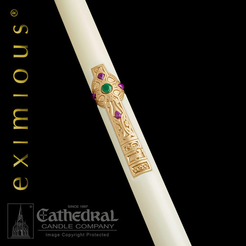 The Cross Of Erin® is a magnificent waxwork adapted from the sculpted stone high crosses of ancient Ireland. This stately 51% beeswax, made-to-order paschal candle is ideal for use during the Easter season and for other liturgical celebrations throughout the year. Designed and handcrafted in a highly individual style, the metallic bronze wax cross being the prime element with arms and shaft joined by four great arcs, engraved mouldings, interlacing, intricate frets and a three tiered base containing key-symbols of the Alpha/Omega, Lamb of God and the current year. An elegant approach to the traditional paschal nail ~ handmade brilliant wax "gemstones" created exclusively for the "Cross of Erin" paschal candle.  Due to the workmanship required to benchcraft each candle, please allow four weeks for the creation and delivery of your paschal candle