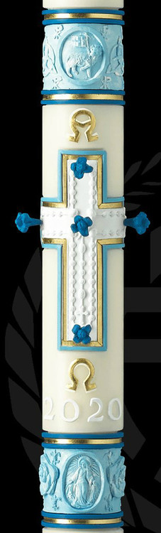  Eximious® Paschal Candle the "Most Holy Rosary" - Newest design from Eximious, features the rich symbolism of the Virgin Mary. The Marian Blue, is the glorifying color scheme of this reverent Paschal design which draws focus to the Rosary adorned Cross as its center piece. The Agnus Dei Crowns design as the feature element of the top band, while the bottom band at the foot of the Cross is graced with the Miraculous Medal surrounded by Roses and Fleurs-de-lis.   Due to the workmanship required to benchcraft each candle, please allow four weeks for the creation and delivery of your paschal candle
