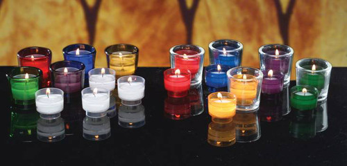 These convenient 4 hour disposable plastic votive lights virtually eliminate glass clean up and breakage.  Can be burned in a votive glass or metal stand.  Sold in Gross Quantities Only (144 per box) and in several different colors: Rose, Crystal, Blue, Amber, Purple, Green and Ruby