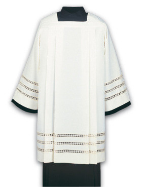 Washable Surplice
Square neck with four pleats front and back. 
Easy to launder, wash-and-wear fabric 
Sleeves and skirt are decorated with three inserted woven borders; only in Greco-fabric, beige. 
Normally ships within 18 working day(s), with the exception of hand-embroidered and custom orders.
All sizes measured from top of shoulder to hem.
These items are imported from Europe. Please supply your Institution’s Federal ID # as to avoid an import tax.  Please allow 3-4 weeks for delivery if item is not in stock
