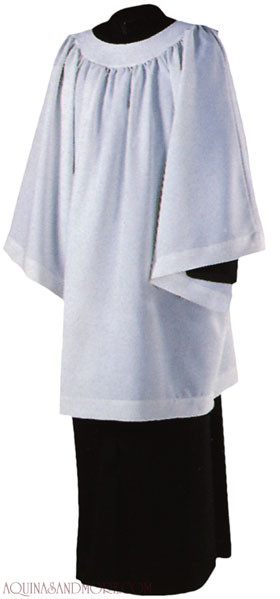 Permanent Press Liturgical Surplice is knee length, with a Round Yoke. 65% Polyester/35% Combed Cotton. Available Sizes: Small (38"), Medium (40"), Large (42") & Extra Large (44")  