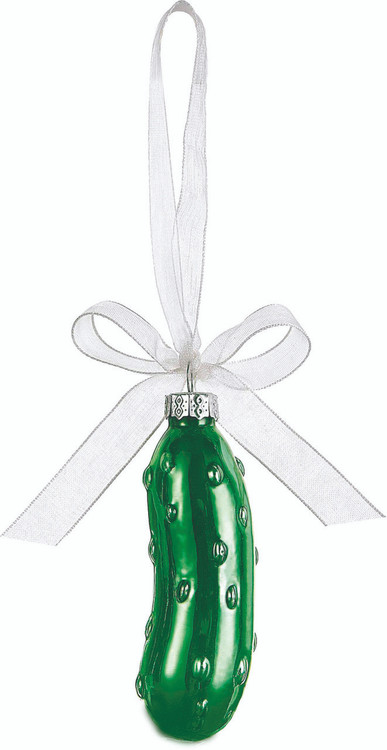 Wonderful ornament for a delightful Christmas Tradition.
Made of blown glass, with a ribbon to hang from your tree.
Comes in nice gift box.Legend of the Christmas Pickle tradition is printed on the box.
Great gift for everyone. New marriage, new child, new home!