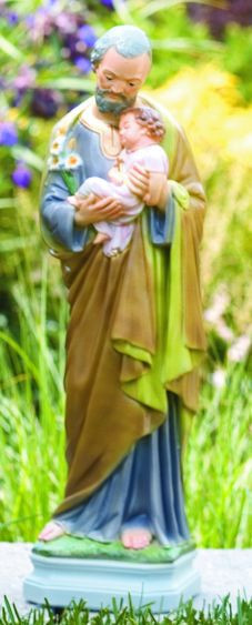 18" Outdoor Cement Statue of Saint Joseph Holding the Child Jesus is a classic and beautiful addition to your garden. This statue comes two finishes, Natural Cement or Detailed Stain.  
Dimensions:  Height 16.6", BW 4.4", BL 4", Weight 9 lbs. 
The statue is made in the USA. Please allow 4-6 weeks for delivery. 