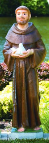 This 44" handcrafted outdoor cement statue of Saint Francis is designed with St. Francis holding a bird. This religious garden statue comes in two finishes — detailed stain and natural (cement) finish. Dimensions:  Height 44"; Width 15"; Length 12"; Bw 11"; BL 10.5". Weight 167 lbs. Allow 4-5 weeks for delivery.  Made is the USA 