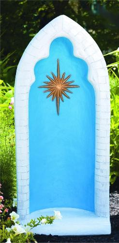 This pointed detailed stained grotto is beautiful and detailed with a brilliant star in the center. You can get this grotto in two colors, natural cement or detailed stain. The stain features a blue background, white trim, and a gold star. This grotto is designed for a 26 inch statue.

Details:
38"H
16.5"BW x 11"BL
122 lbs
Allows 4-6 weeks for delivery
Made in USA