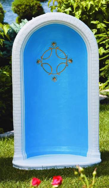 This beautiful round grotto features a unique star and cross detailing in the center. This grotto comes in a natural cement color or comes in a detailed stain. The stain features a blue inside with white borders and gold star detailing. This grotto has a height of 49 inches and can fit a 36 inch statue. dimensions:  49" H,  BW  29",  BL 18.5",  Weight 295 lbs
Handcrafted and made to order. Please allow 4-6 weeks for delivery
Made in the USA