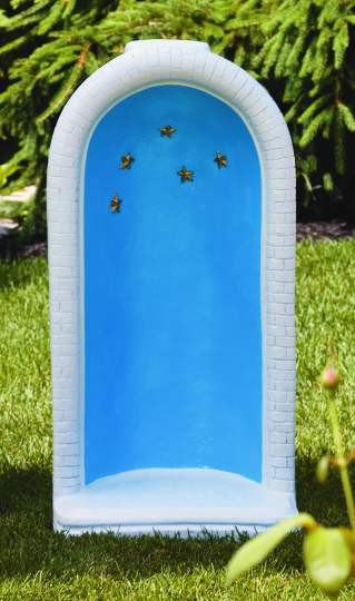 34"H Round Cement Grotto with stars for 26"H Statue. Detailed Stain.  H: 34", BW: 17", BL: 13,  Weight: 113 lbs. Handcrafted and made to order.... please allow 4-6 weeks for delivery.  Made in the USA! 
