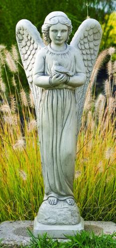 This gorgeous and elegant cement angel garden statue is a great addition to your garden. This statue features an angel holding a dove and is made to order, please allow 4-6 weeks for delivery.
Details:
Dimensions: 29"H x 11.5" W x 6.75"BW x 7"BL
Weight: 40 lbs
Made of cement
Allow 4-6 weeks for delivery
Made in USA 
 