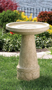 This beautiful bird bath can make a great addition to your garden. Made with detailed cement, this can add a rustic touch to your yard.
Details:

24"H
Top diameter 18"
Base diameter 10 "
Weight 84 lbs
Made to order
Allow 4-6 weeks for delivery
Made in USA