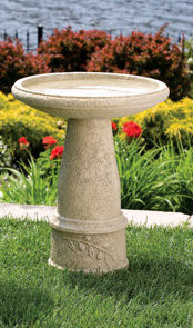 This Tuscan sun bird bath is detailed with a branch of leaves at the base. This is a simple and beautiful bird bath that will make a great addition to your garden.

Details:

24"H
Top diameter 18"
Base diameter 10"
84 lbs
Made to order
Allow 4-6 weeks for delivery
Made in USA