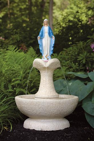 This Blessed Mother clover leaf fountain can make a beautiful and unique addition to your garden. This fountain features a Blessed Mother statue at the top of the fountain and a clove leaf fountain style. Choose this fountain in a natural cement color or in a detailed stain. The detailed stain features a white fountain and colorful stained statue.

Details:

42.75" H
24" W
18" base diameter
Weight 215 lbs
All statues are made to order, please allow 4-6 weeks for delivery
Made in USA
Shipping prices not included, please call us for shipping price.