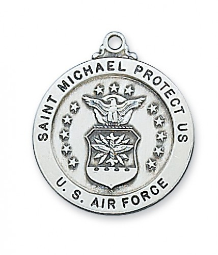 1" Diameter Air Force Sterling Silver Medal. Medal comes with a 24" Rhodium plated chain. St. Michael depicted on back of medal. Made in the USA. Gift Boxed