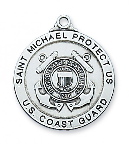 1" Diameter Coast Guard Sterling Silver St Michael Medal. Medal comes with a 24" Rhodium plated chain. St. Michael depicted on back of medal. Made in the USA. Gift Boxed