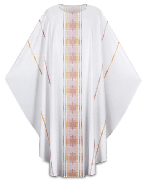 Cross Motif Chasuble is manufactured in Terra, 70% man-made fibers and 30% viscose. Chasuble features border and cross motifs with color gradation woven into the fabric. Plain neck "O" collar Includes inside stole. Width: 63"  ~  Length: 53". Choice of Colors: Green, Grey, Purple, Red or White. Plain neckline or Roll-collar: 4-3/4" height



