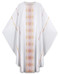 Cross Motif Chasuble is manufactured in Terra, 70% man-made fibers and 30% viscose. Chasuble features border and cross motifs with color gradation woven into the fabric. Plain neck "O" collar Includes inside stole. Width: 63"  ~  Length: 53". Choice of Colors: Green, Grey, Purple, Red or White. Plain neckline or Roll-collar: 4-3/4" height


