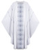 Cross Motif Chasuble is manufactured in Terra, 70% man-made fibers and 30% viscose. Chasuble features border and cross motifs with color gradation woven into the fabric. Plain neck "O" collar or 3" Roll collar Includes inside stole. Width: 63"  ~  Length: 53". Choice of Colors: Green, Grey, Purple, Red or White. Plain neckline or Roll-collar: 4-3/4" height


