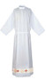 Classic Alb, Clergy Fitted Alb, or Traditional Alb Style . 65% Polyester, 35% Cotton. Stand up collar with 30" zipper and adjustable velcro belt. Comes with or without liturgical orphrey (banding style 1878) 