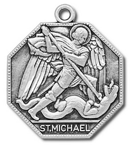St. Michael ~ the Patron Saint of Police, Law Enforcement  & Military. This medal is a 1" Sterling Silver Octagonal Medal. Medal comes with a 24" genuine rhodium plated endless curb chain. Gift Boxed and made in the USA. Medal can be engraved 