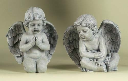 Garden statues of one cherub kneeling and one sitting. Can be ordered together or separately. 