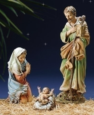 Figures A/B/C: Holy Family Set (39530)
27" Color Resin-Stone Outdoor Nativity
Complete the nativity scene in your front yard with these large nativity figures! The nativity figures are sold separately or in specific sets.  The height, weight, and prices vary by individual pieces or sets.  The average height for these nativity figures is about 27 inches. The figures are made of resin-stone. Select the pieces or sets you want to start your nativity scene and collect them to finish your set!
The figures available for purchase:
A/B/C: Jesus, Mary, & Joseph Holy Family 3-Piece Set (or separate pieces)
D/E/F: Three Kings 3-Piece Set (or separate pieces)
G: Gloria Angel Piece
H: Shepherd & Lamb 2-Piece Set
I: Drummer Boy Piece
J: Seated Ox Piece
K: Seated Donkey Piece
L: Seated Camel Piece
M: Kneeling Angel
N: Seated Sheep     
O: Standing Sheep


