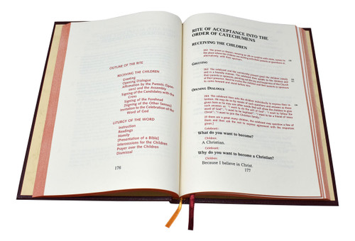 The Rite of Christian Initiation of Adults  contains the latest translation of the Rite of Christian Initiation by the International Commission on English in the Liturgy plus the additional sections inserted by the United States Bishops. Includes appendices with acclamations, hymns, songs, and the National Statutes for the Catechumenate. The format and presentation of each of the rites have been arranged for the convenience of the celebrant, with two-color printing and highly readable 14-pt. type. The Rite of Christian Initiation of Adultsfeatures stained page edging and an elegant red gold-stamped cloth cover.  432 pages ~ 7 1/4" x 10 1/4"