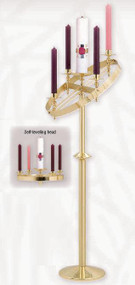 Advent Wreath with Stand - K611 ~ Candles not included
Adjustable, solid brass. Height will vary from 48" when level to 55" in tilted position. Candles will always stay upright. Furnished with 1 1/2" sockets, or adapters for oil candles (please specify when ordering).  Ring is 21" two-tone satin and bright finish.  12" weighted base.  Candles not included