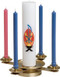 

Features:
Comes in two finishes, Satin or Bright Brass
3 in high and 15 in wide.
5/8" weighted base, 7/8" tapered sockets
The spikes are adaptable to any candle size.
This Advent Wreath comes in two finishes. Choose from either brass with a satin finish or brass with a high polish finish.  It is three inches high with a 15 inch wide, weighted base, and 7/8" tapered sockets. The center spikes are adaptable to any candle size. Candles are not included.


