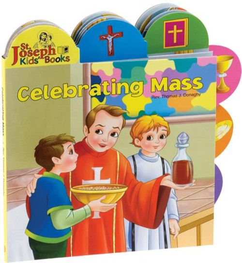 Celebrating Mass by popular author Rev. Thomas J. Donaghy is a short board book to introduce young children to the Mass. The tabs help children pick out elements in each of the spreads, making this book an interactive experience. Celebrating Mass contains bright, vibrant, and contemporary illustrations that will make this book an enjoyable learning experience for young Catholic children.  Hardcover ~ 12 pages ~ 9 1/2" x 9 1/2"