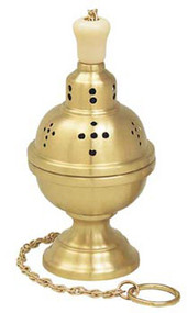 Thurible with incense boat & spoon. 9" height. 4-1/2" bowl. Available in satin brass, high polish brass and 24K gold plated. The original one chain Censer. 